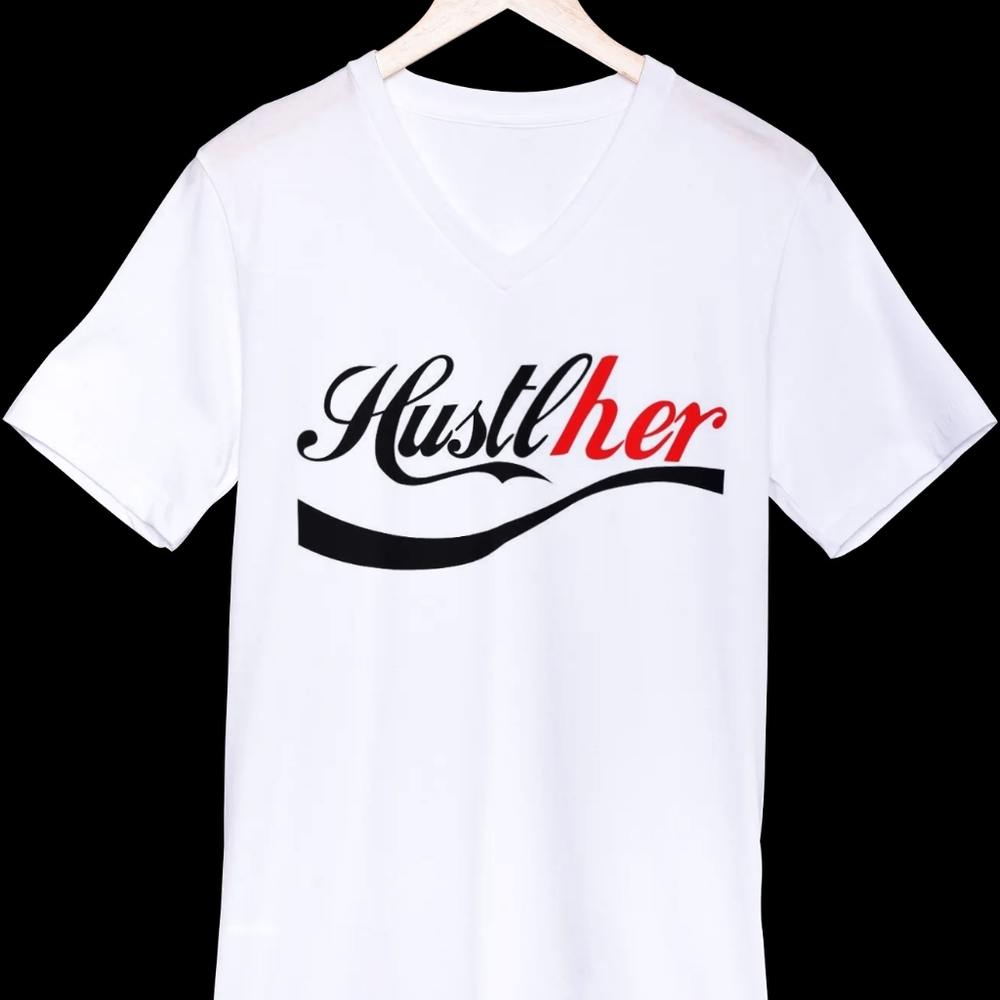 Sale! White woman's V-Neck Hustler HustleHer tshirt